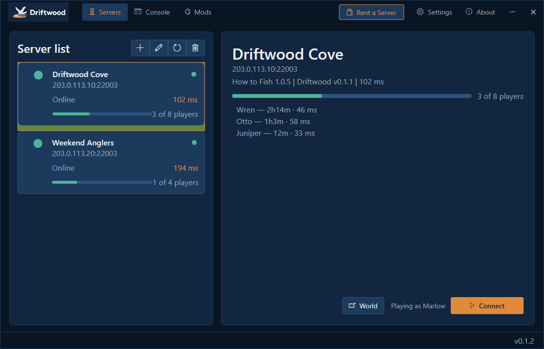 The Driftwood app showing a server online with players connected