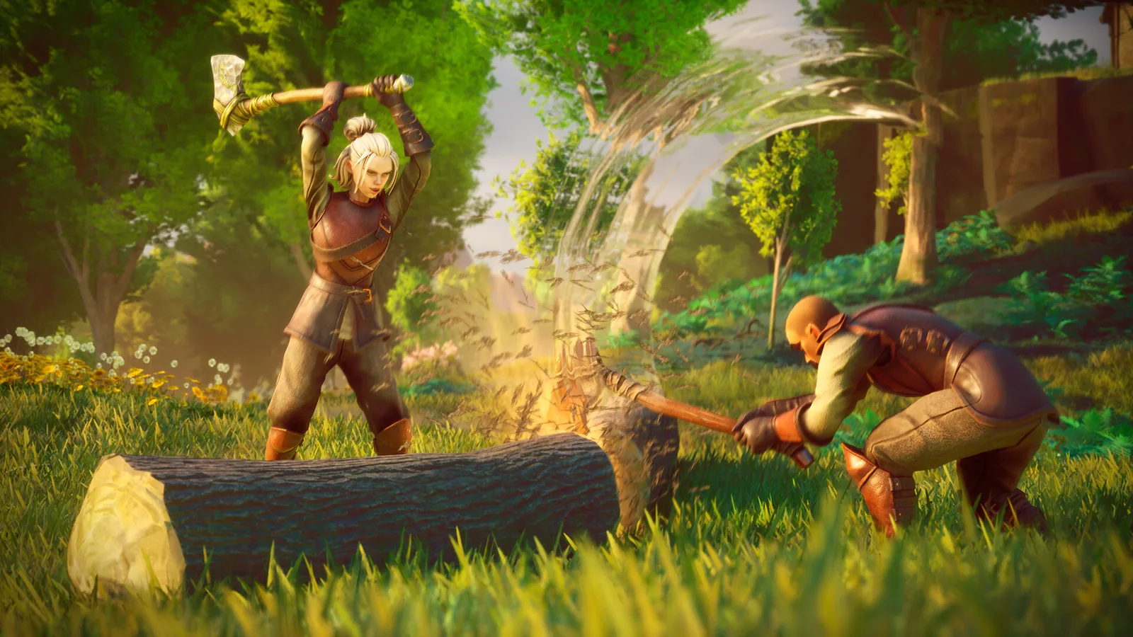 Two players felling a tree together in RuneScape: Dragonwilds co-op.