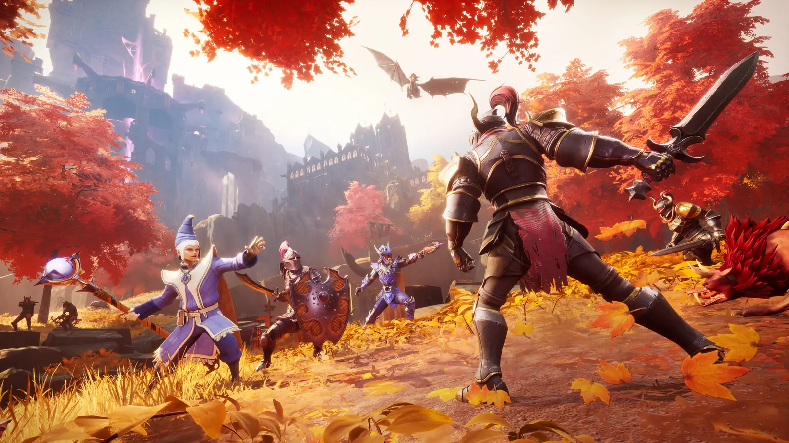 A four-player group battling a Black Knight in RuneScape: Dragonwilds.