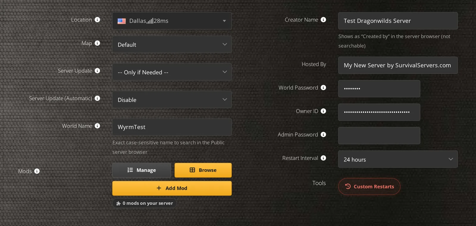 Dragonwilds 1.0 server settings in the Survival Servers panel, with World Name and Owner ID fields.