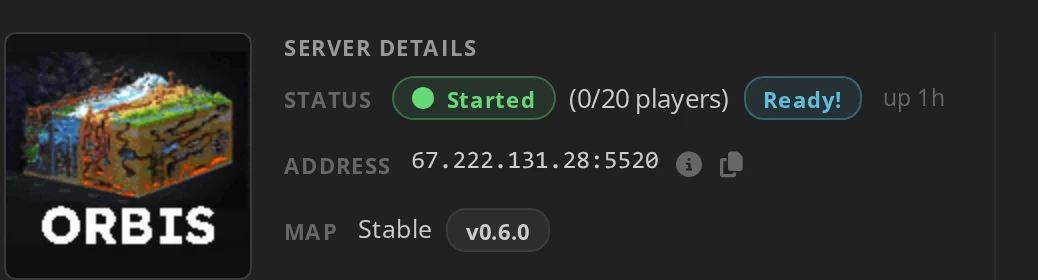 A Hytale server in the Survival Servers control panel showing status Started and Map Stable v0.6.0.