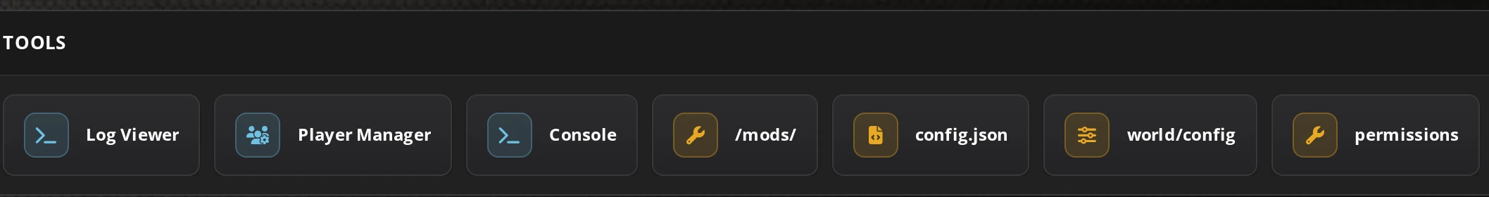 The tools row for a Hytale server: log viewer, player manager, console, mods folder, config.json, world config and permissions.