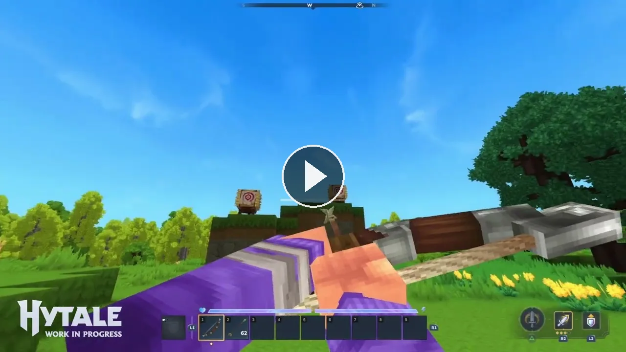 A Hytale player aiming by tilting a controller with gyro controls.