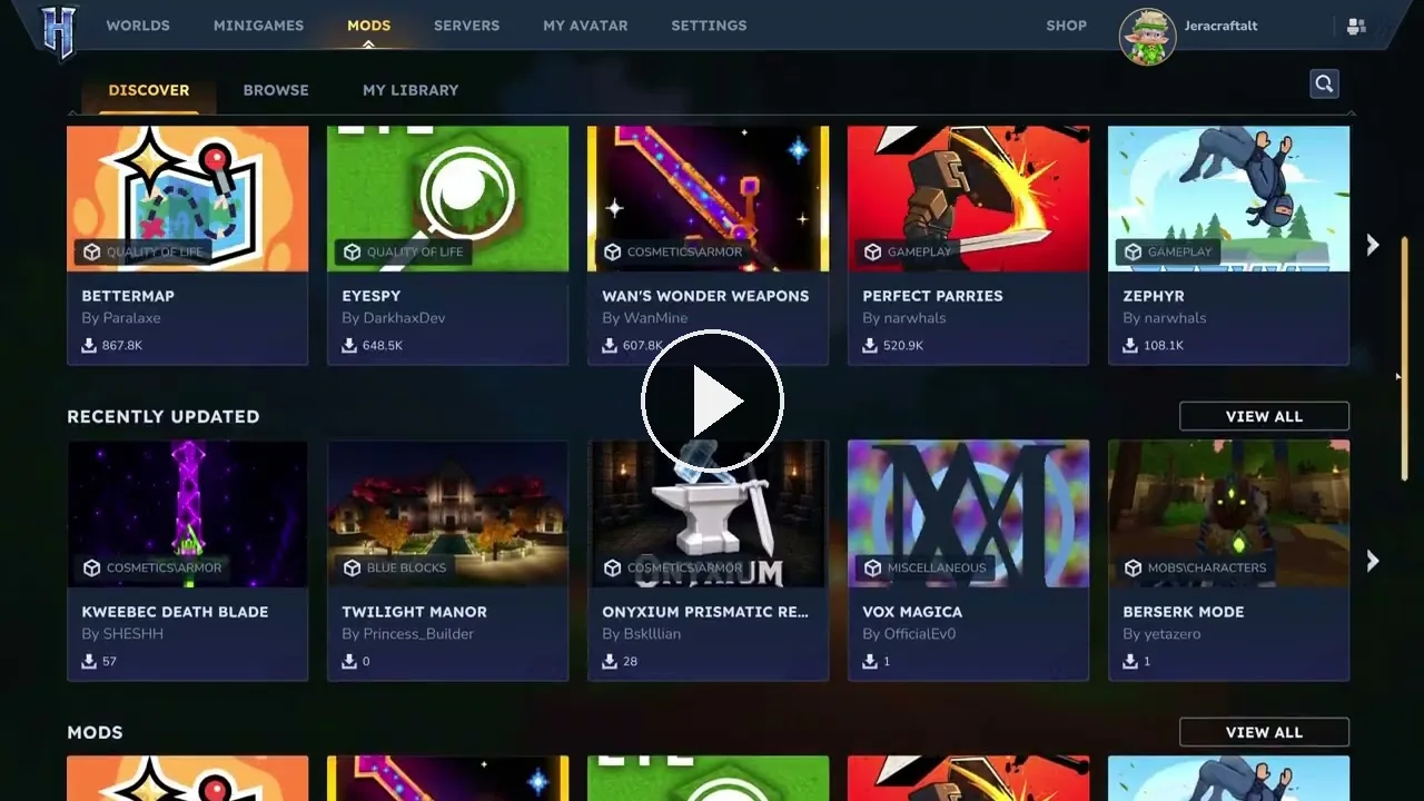 The Hytale in-game mod browser showing BetterMap, EyeSpy and Wan's Wonder Weapons on the Discover tab.