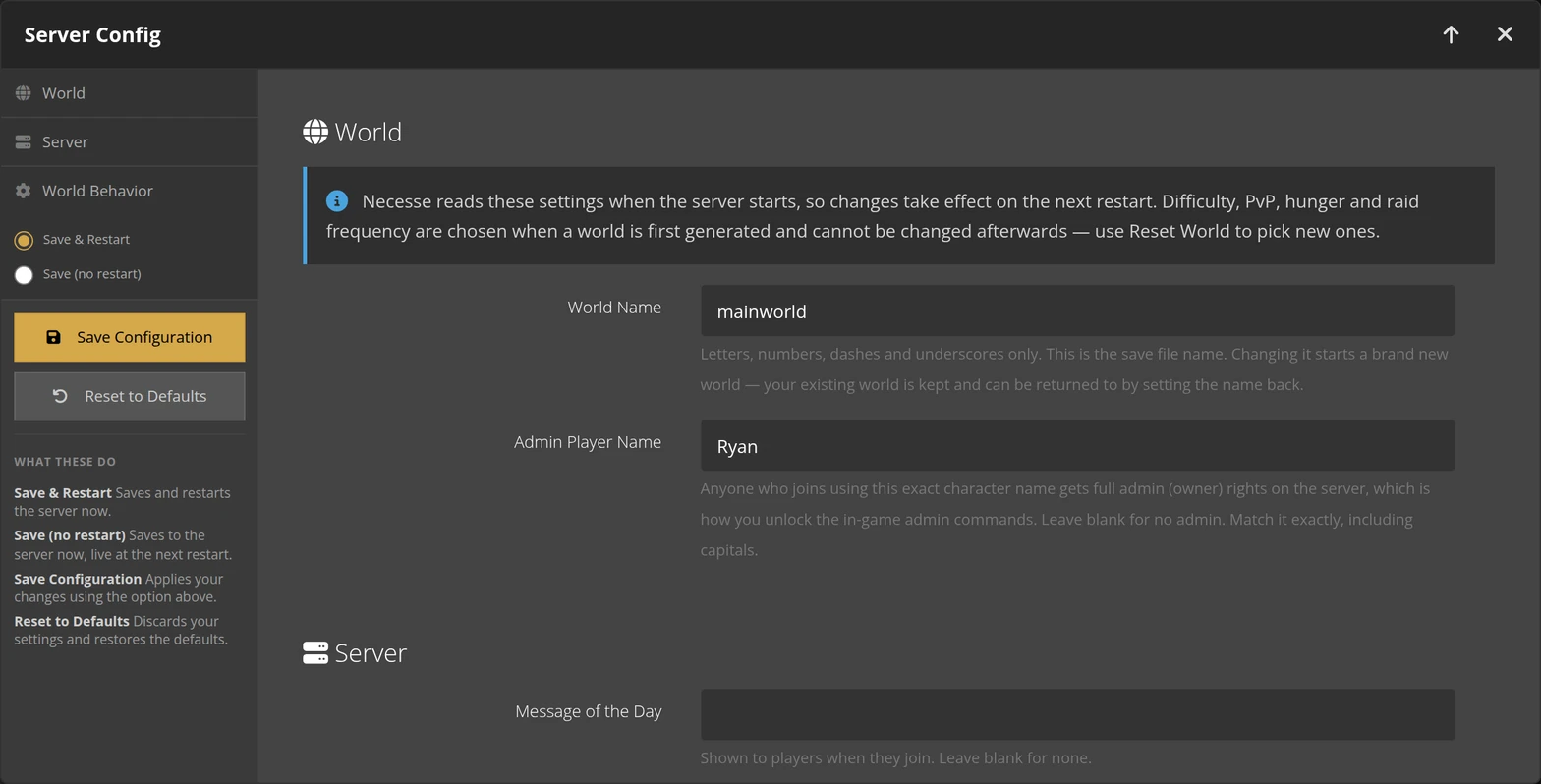 The Admin Player Name field in the Necesse Server Config tool, set to a character name.