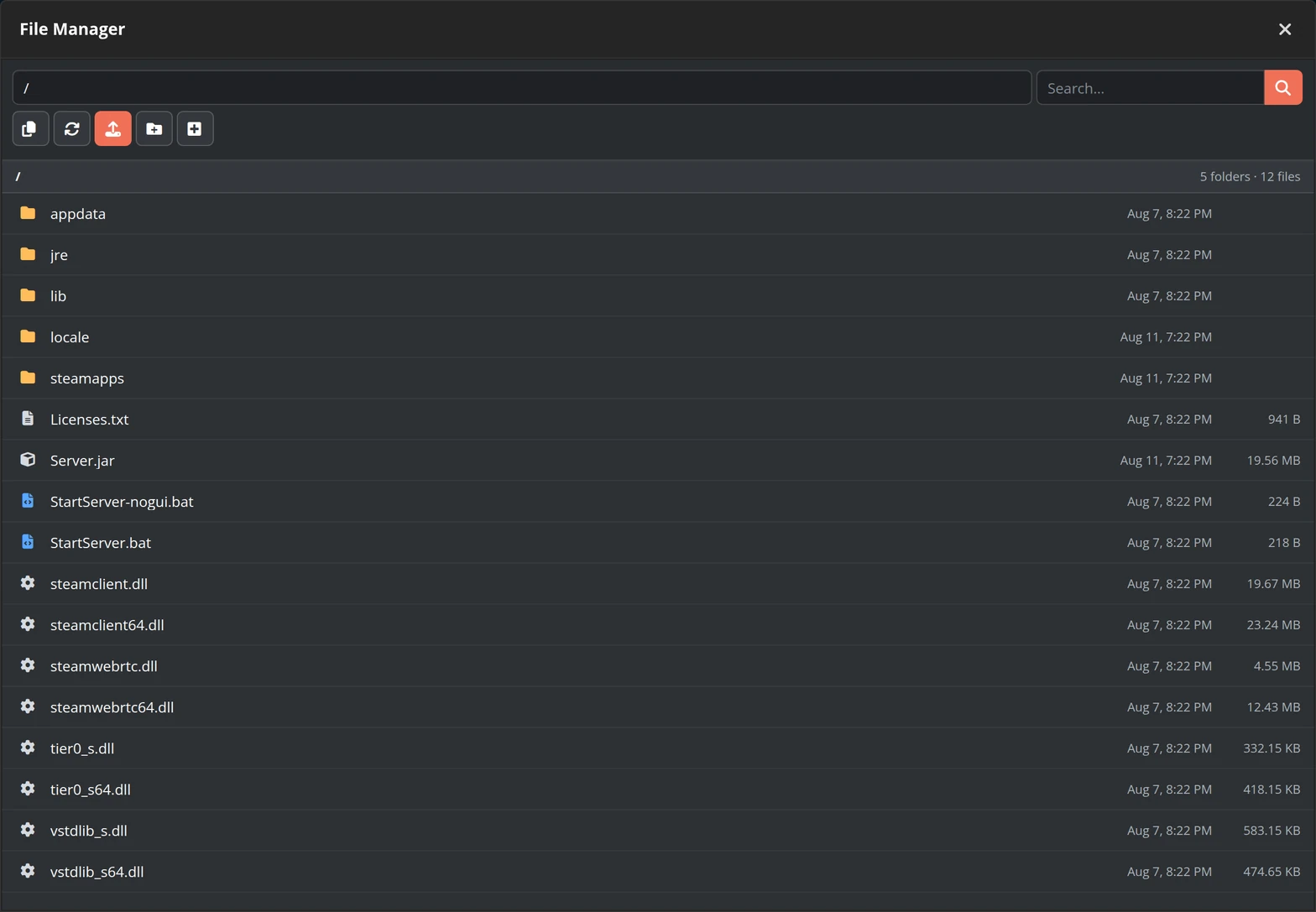 The file manager showing a Necesse server root with the appdata, jre and steamapps folders.