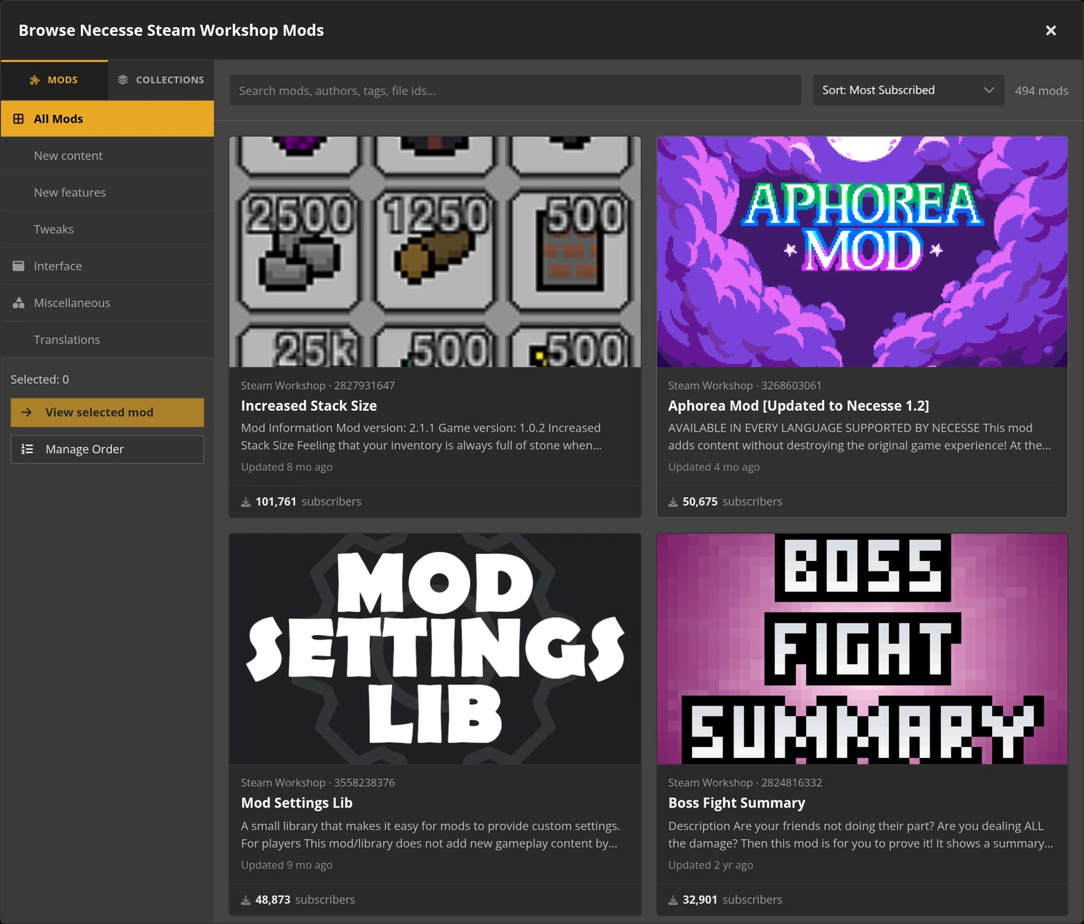 Browsing Steam Workshop mods for a Necesse dedicated server in the Survival Servers control panel.