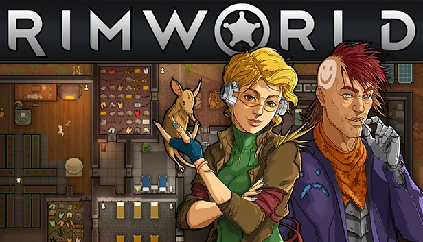 RimWorld key art showing two colonists and a pet in front of a cutaway colony base.