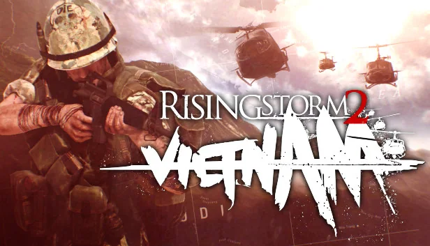 Rising Storm 2 Vietnam key art with a soldier and helicopters over a jungle treeline.