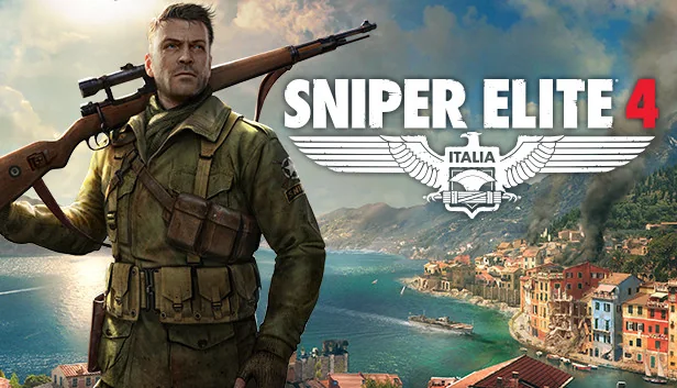 Sniper Elite 4 key art with a marksman holding a rifle above an Italian coastal town.