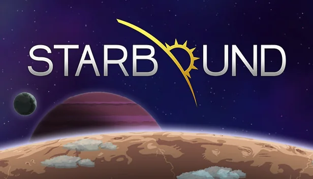 Starbound key art with the game logo above a planet lit by a distant star.