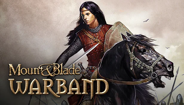 Mount and Blade Warband key art with an armoured rider on a black horse.