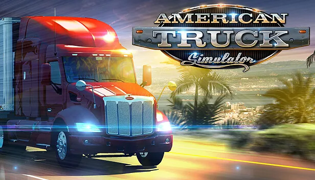 American Truck Simulator key art with a red American tractor unit on a desert highway.
