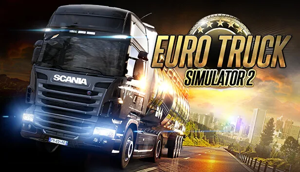 Euro Truck Simulator 2 key art with a Scania tractor unit on a European motorway at dusk.