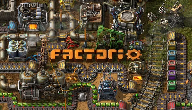 Factorio key art showing conveyor belts, assembling machines and rail lines across a dense factory.