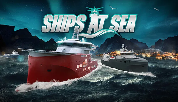Ships At Sea key art showing a red cargo vessel and a second ship in heavy Norwegian seas.