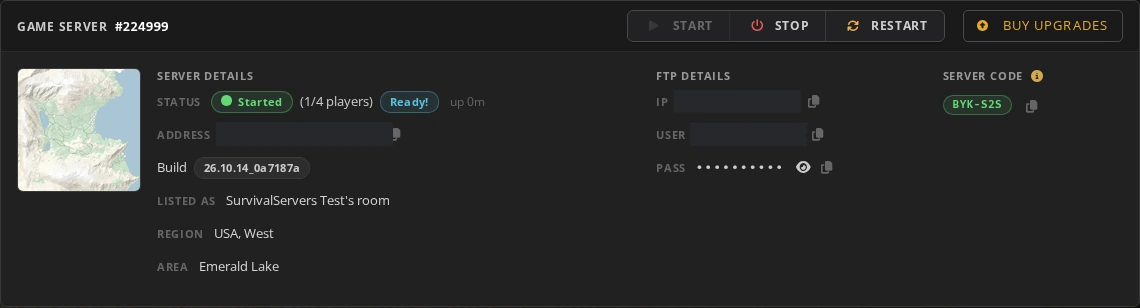 An Over the Hill server page in the Survival Servers control panel showing the room name, region, area and server code