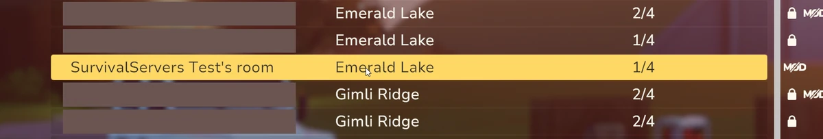 The Over the Hill Server Browser with a Survival Servers room listed in Emerald Lake