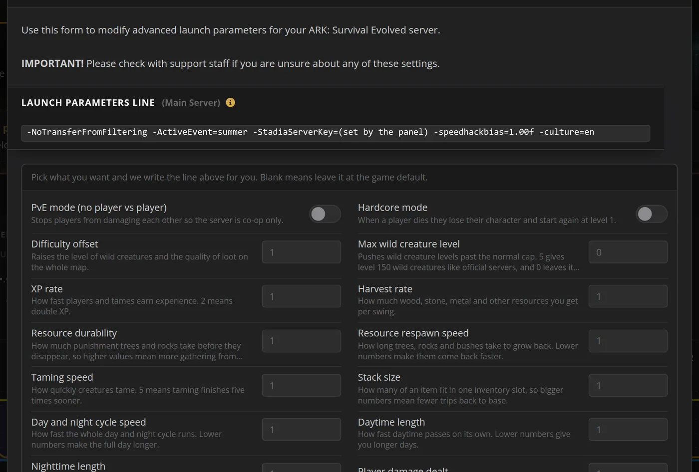 The launch parameter builder writing an ARK command line from plain English toggles and fields.