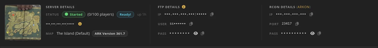 Masked FTP and RCON passwords with copy buttons on an ARK server page in the control panel.