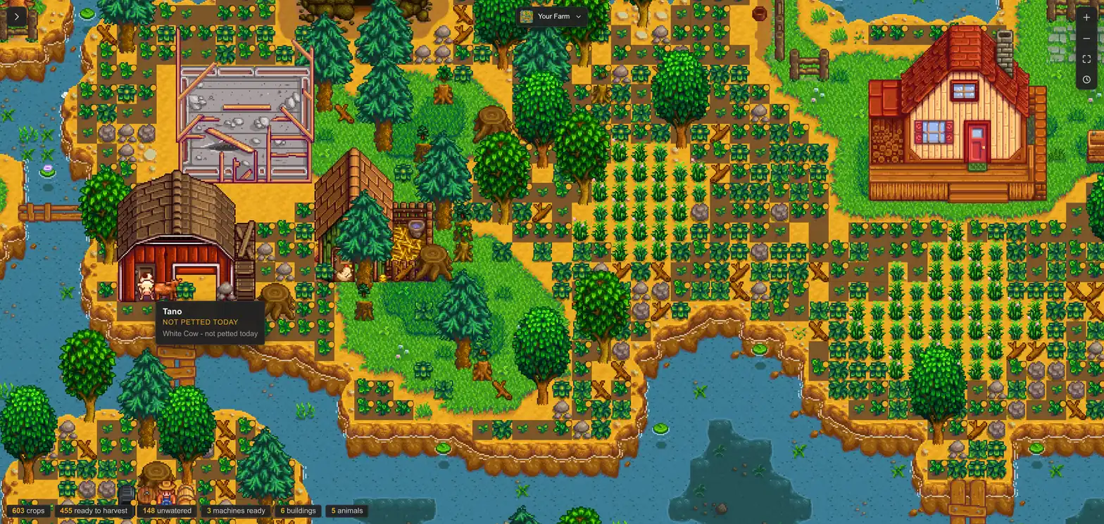 The Pelican Command live farm map zoomed into a Stardew Valley farm, with a cow's name and status on hover.