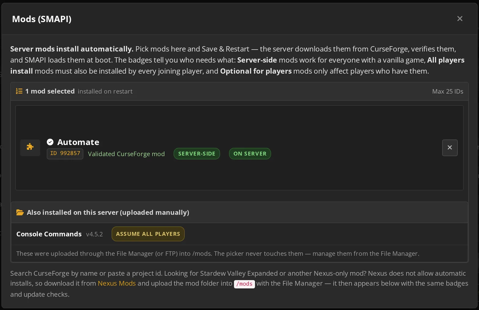 The SMAPI mod picker in the control panel showing a selected mod with server-side and installed badges.