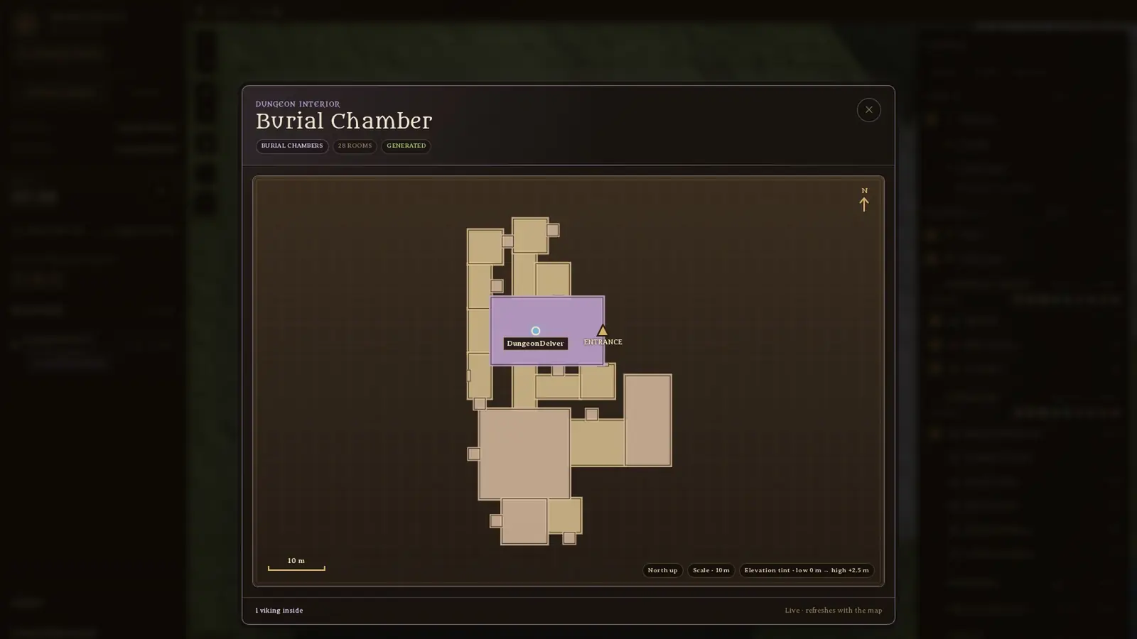 ValheimOne's dungeon viewer showing the room layout of a burial chamber with a player inside it
