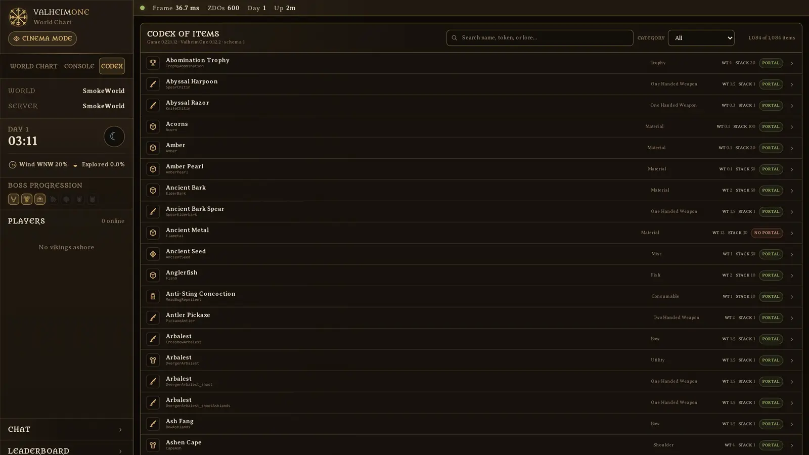 The ValheimOne codex listing Valheim items with weight, stack size and portal rules
