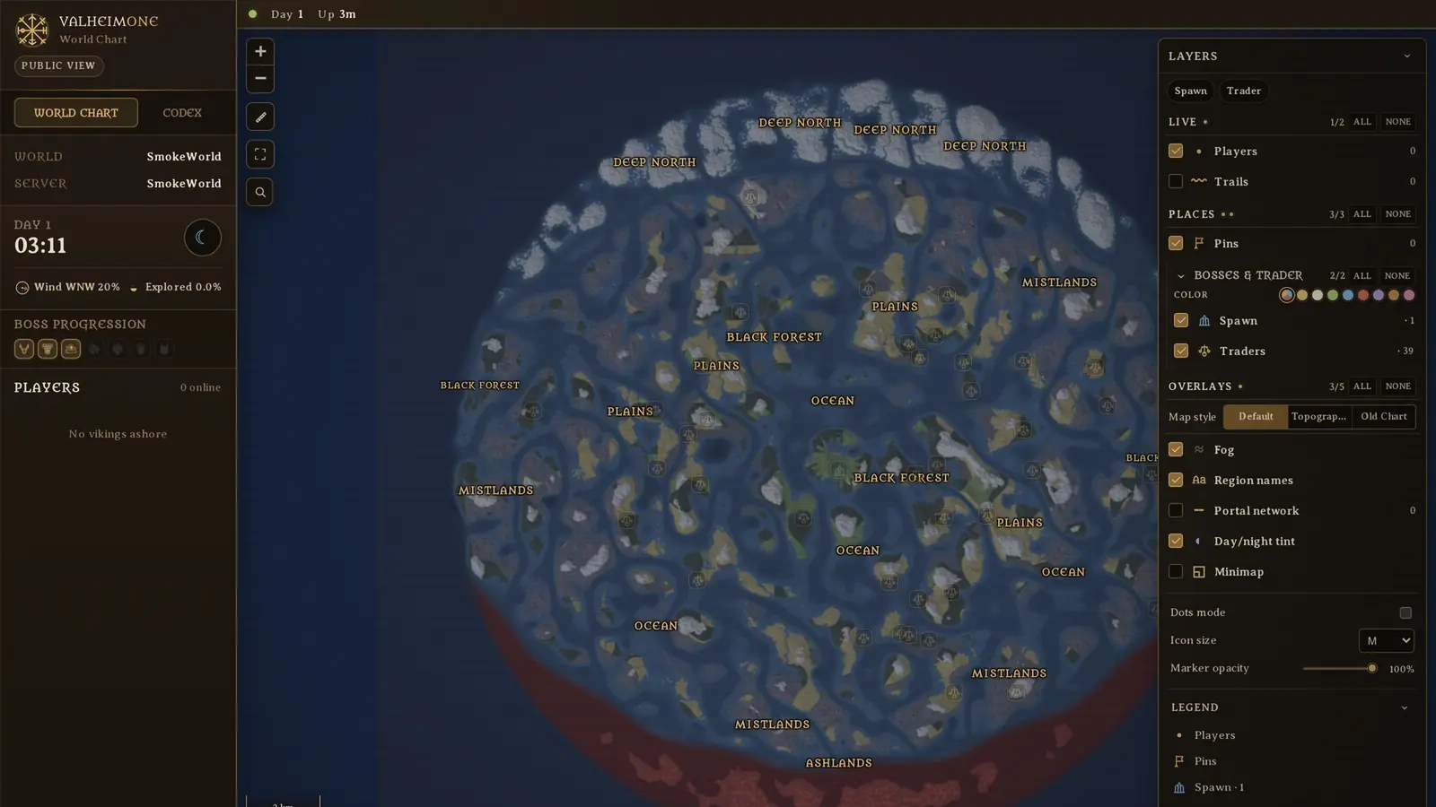 The public ValheimOne map view with fog covering everything the group has not explored